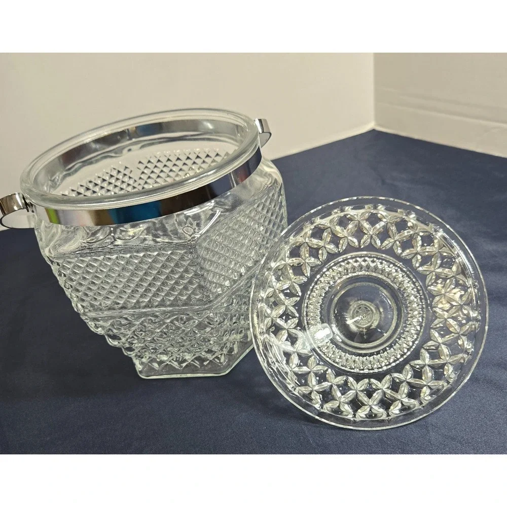 Vintage Anchor Hocking Wexford Pressed Glass Covered Ice Bucket w/Handle